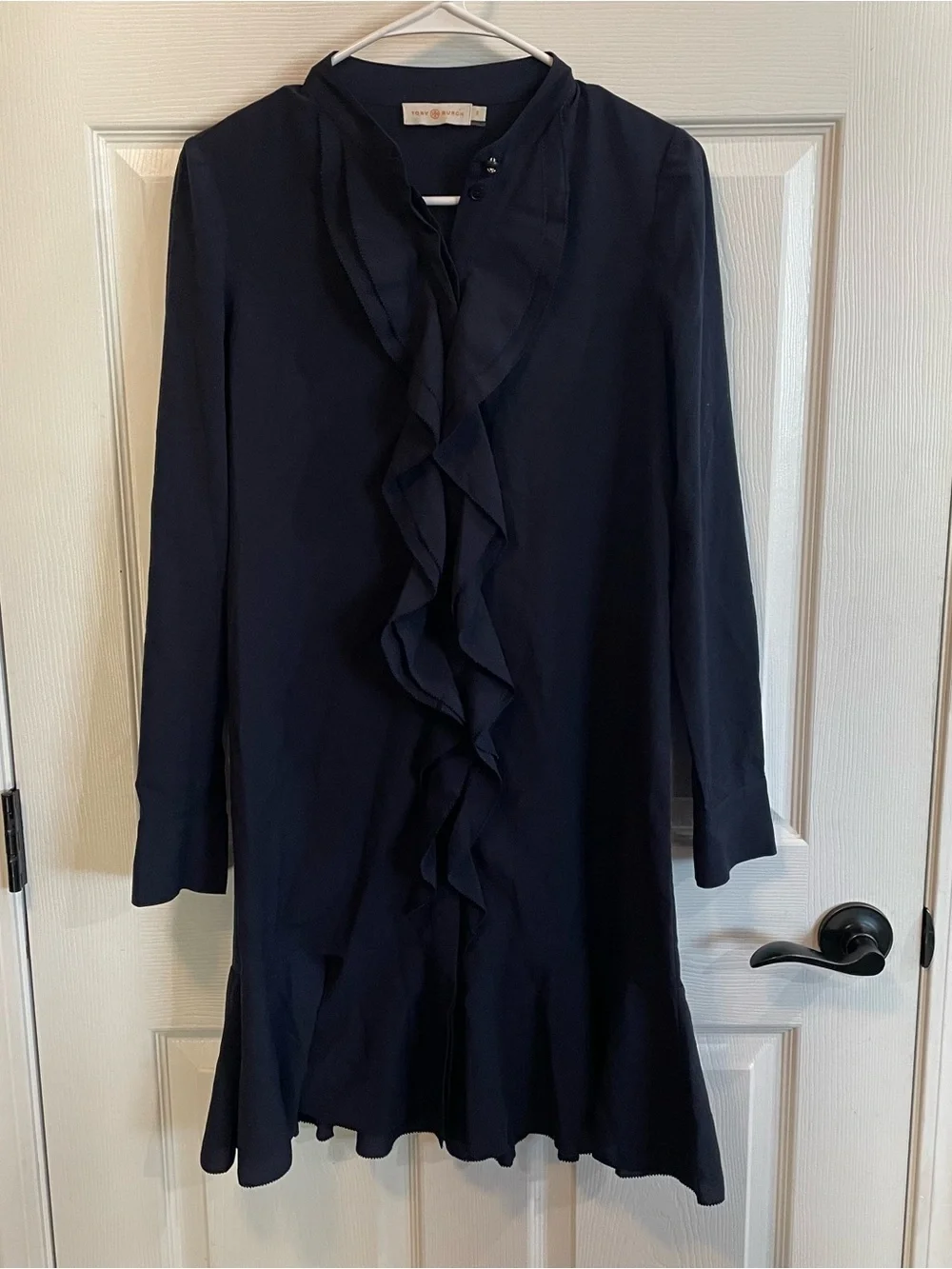 Tory Burch Jane Shirt Dress Size 0 Navy Blue Ruffle Crepe de Chine $425